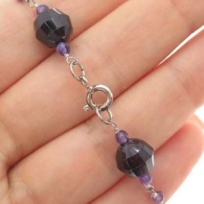 925 Sterling Silver Vintage Real Red Garnet & Amethyst Beaded Chain Necklace 16"