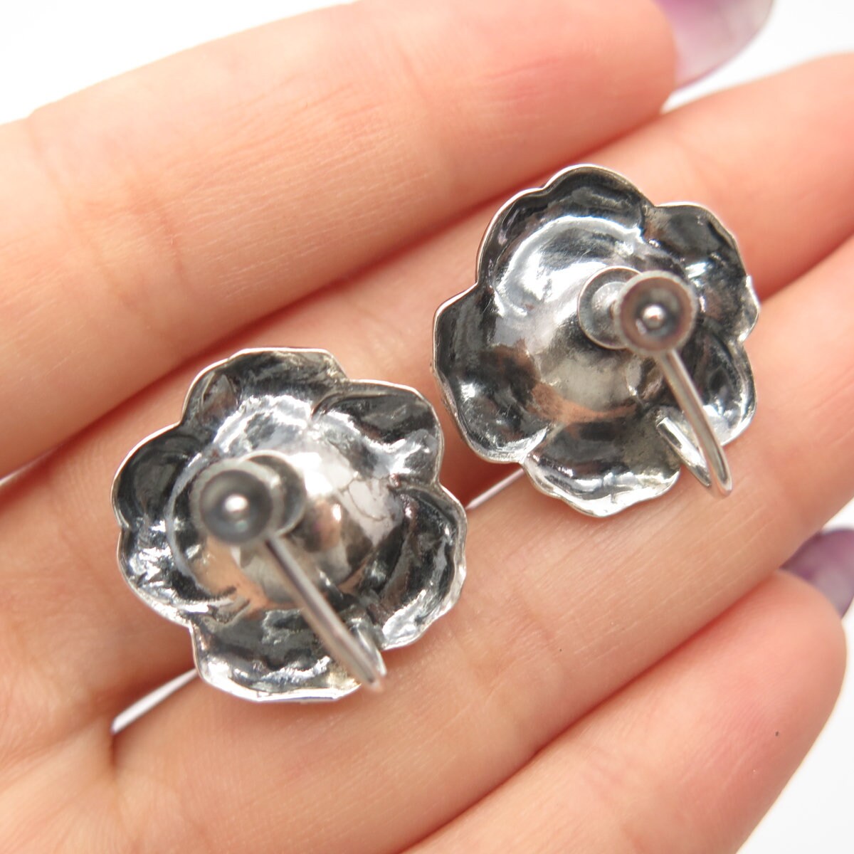 925 Sterling Silver Vintage Rose Floral Screw Back Earrings