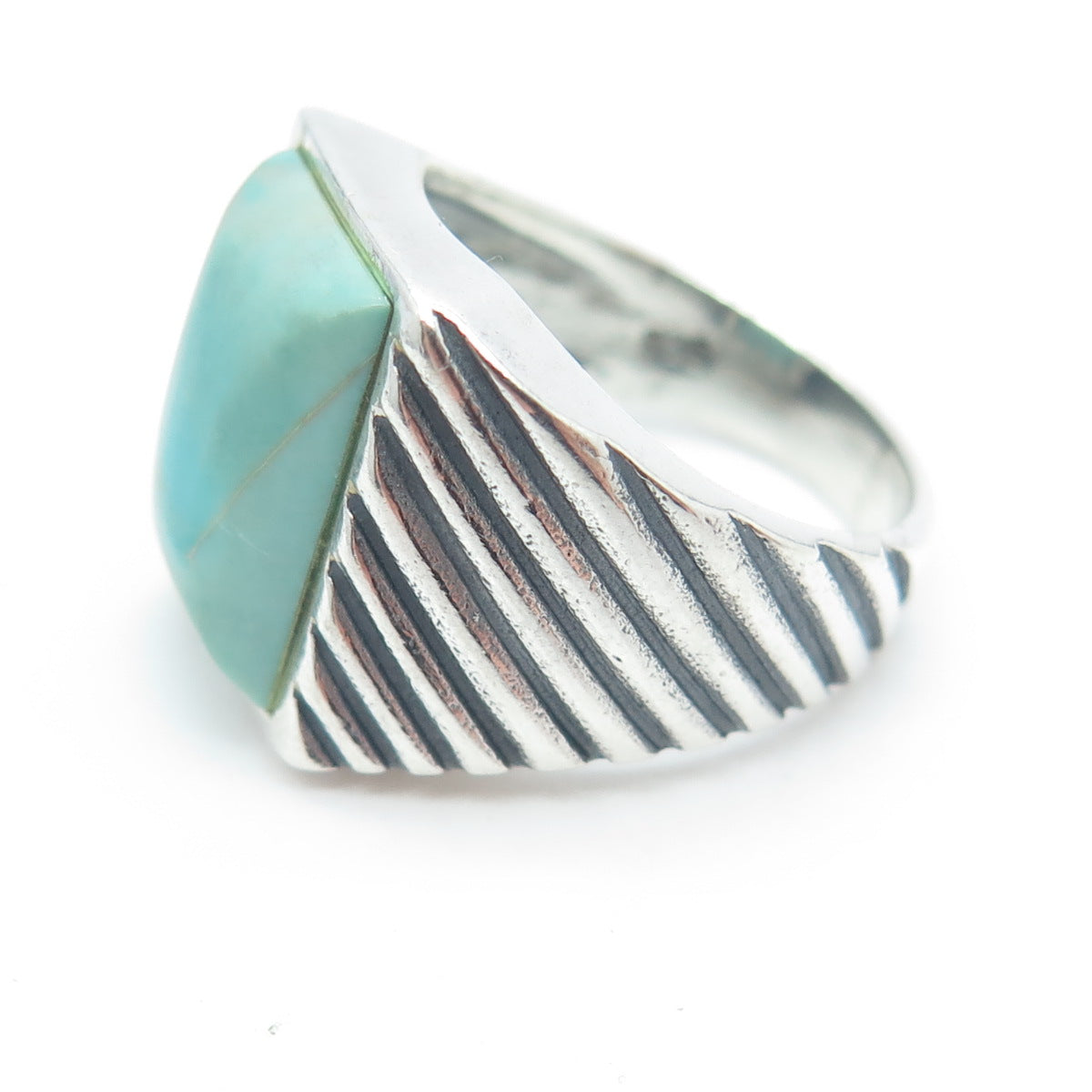 925 Sterling Silver Vintage Real Turquoise Ribbed Statement Ring Size 6.75