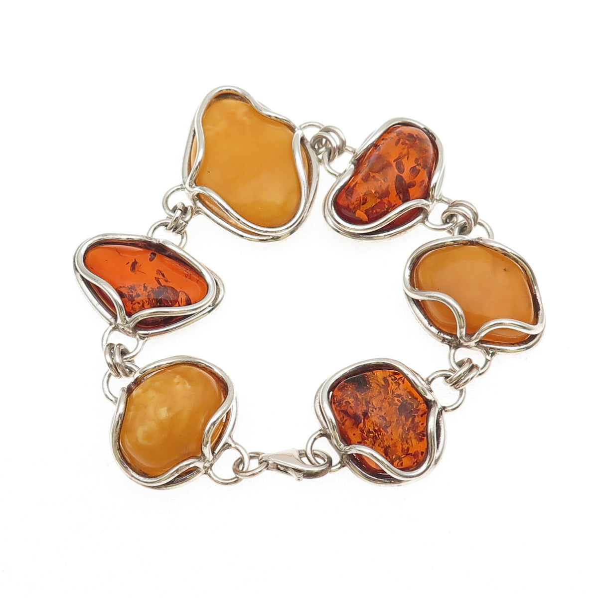 925 Sterling Silver Vintage Real Butterscotch Amber Modernist Bracelet 7.75"