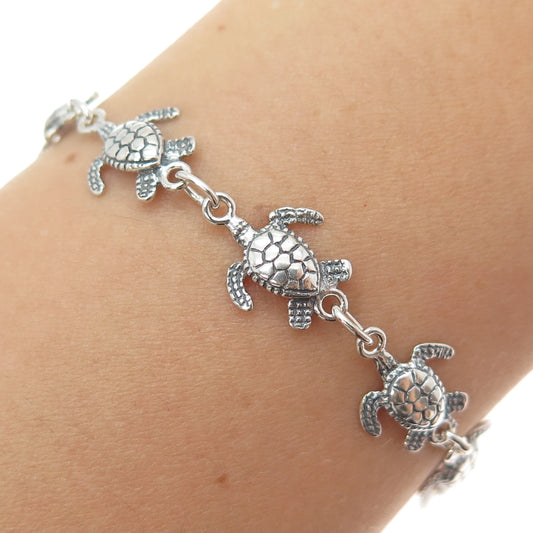 925 Sterling Silver Vintage Turtle Link Oxidized Bracelet 7.5"