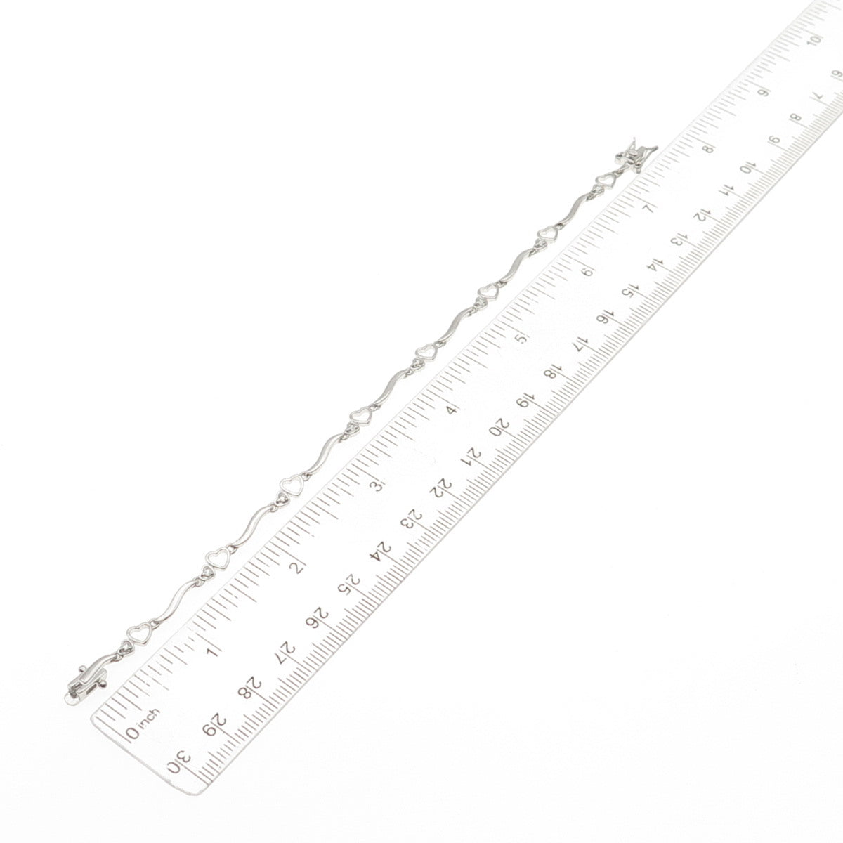 Ross Simons 925 Sterling Silver Round-Cut C Z Heart Wavy Bar Link Bracelet 7.25"