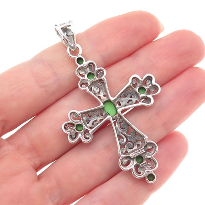 SX Sally C 925 Sterling Vintage Real Lime Green Turquoise Cross Charm Pendant