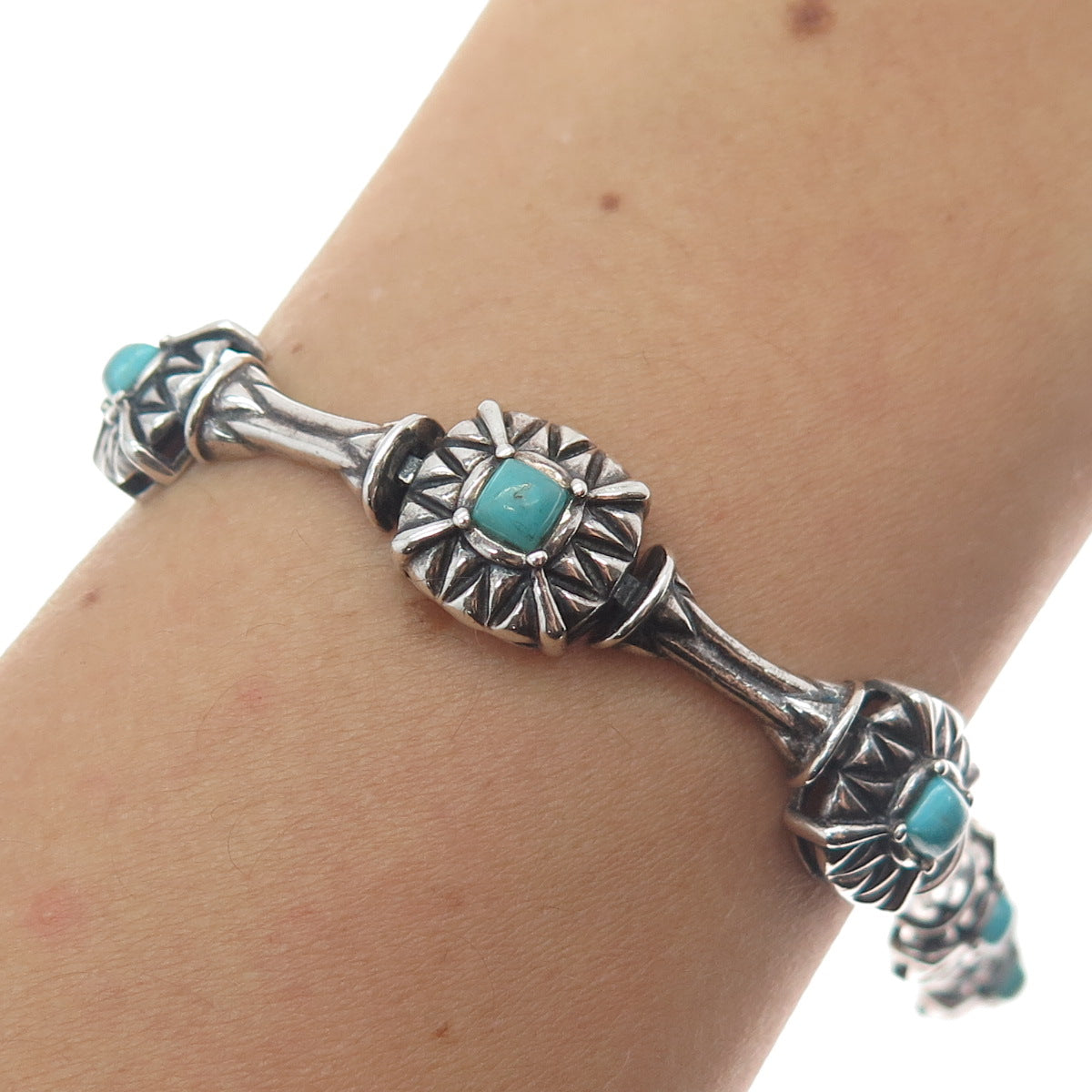 ROSS SIMONS 925 Sterling Silver Vintage Real Turquoise Station Bracelet 7.25"