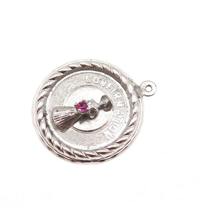 925 Sterling Silver Vintage Pink Rhinestone Confirmation Charm Pendant