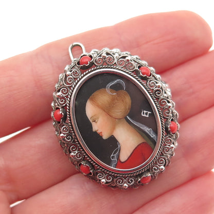 800 Silver Antique Real Coral Hand-Painted Lady Portrait Pin Brooch / Pendant