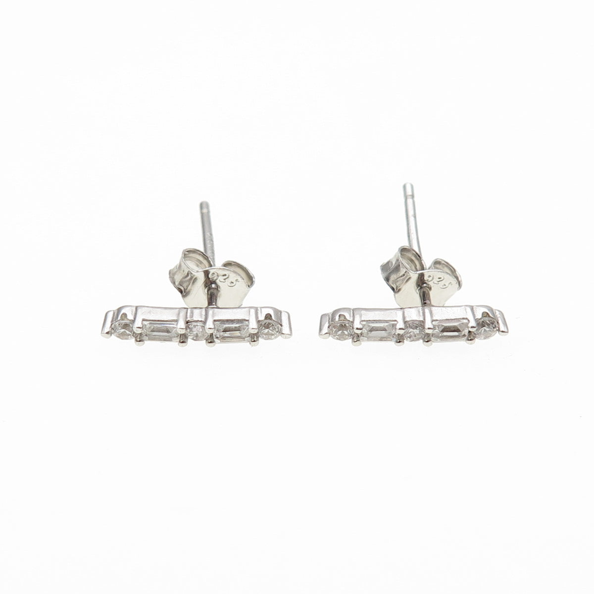 925 Sterling Silver Round & Emerald-Cut C Z Bar Earrings