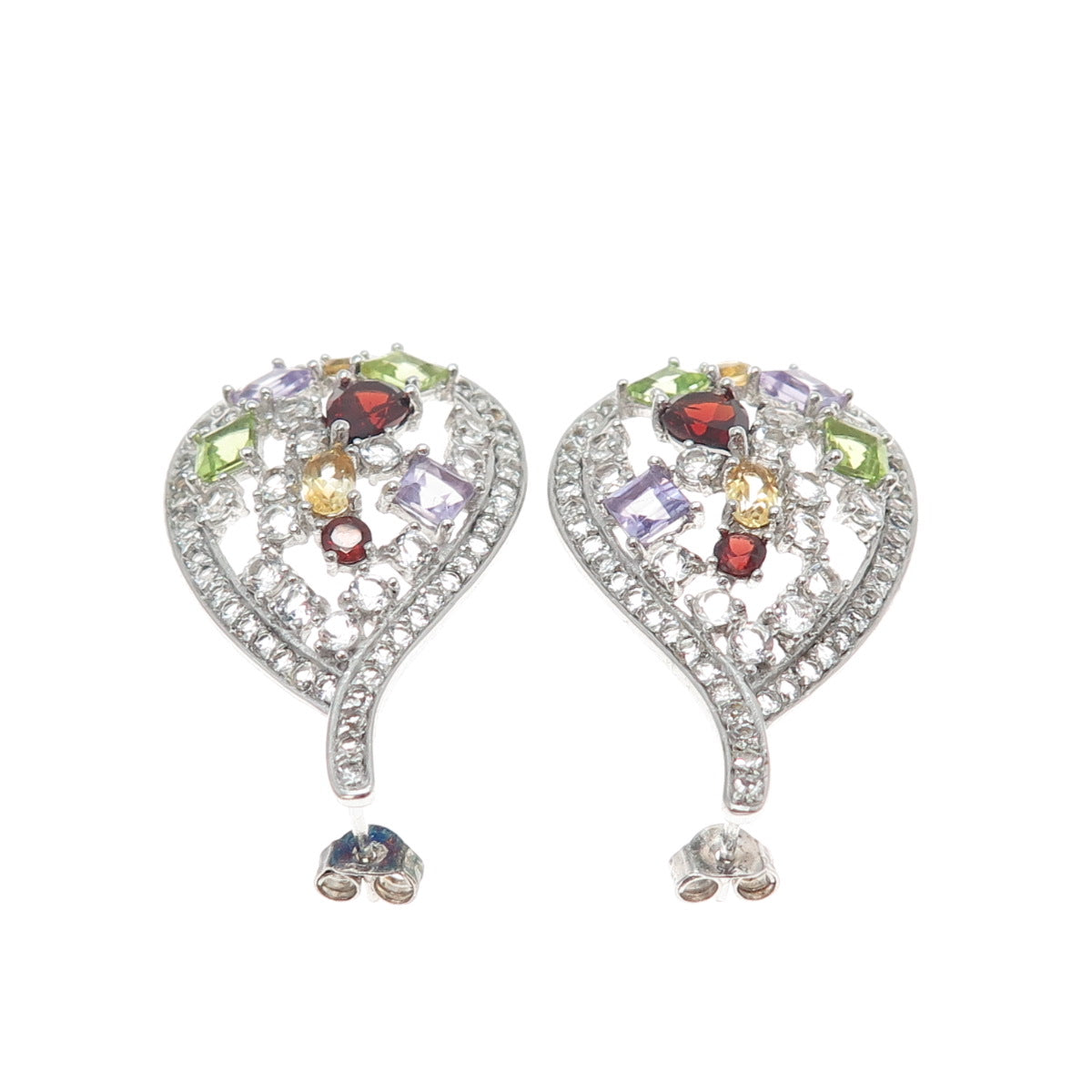 925 Sterling Silver Real White Topaz Peridot Amethyst Garnet & Citrine Earrings
