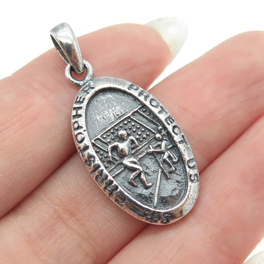 925 Sterling Silver Vintage St. Christopher Football Medal Oxidized Pendant