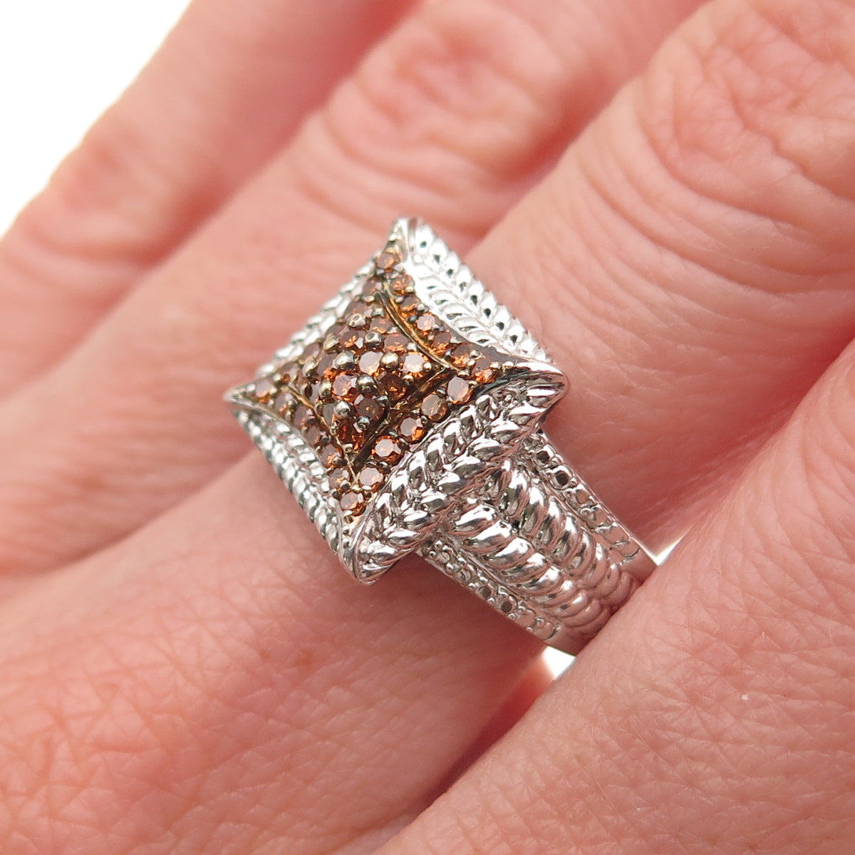 925 Sterling Silver Real Round-Cut Cognac Diamond Adjustable Ring Size 6.75
