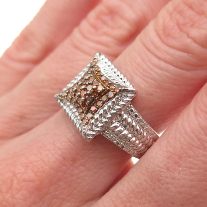 925 Sterling Silver Real Round-Cut Cognac Diamond Adjustable Ring Size 6.75