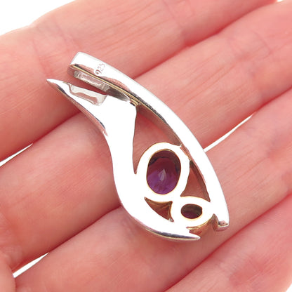 925 Sterling Silver 2-Tone Real Amethyst Modernist Slide Pendant