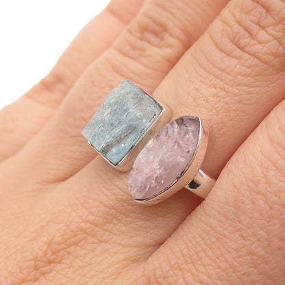 925 Sterling Vintage Real Rose Quartz & Aquamarine Adjustable Ring Size 6.25