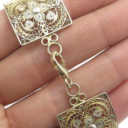 925 Sterling Silver Gold Plated Vintage Italy Filigree Panel Link Bracelet 7.25"