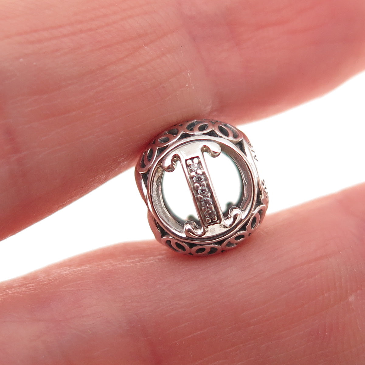 Pandora 925 Sterling Silver C Z Letter I Initial Slide Bead Charm