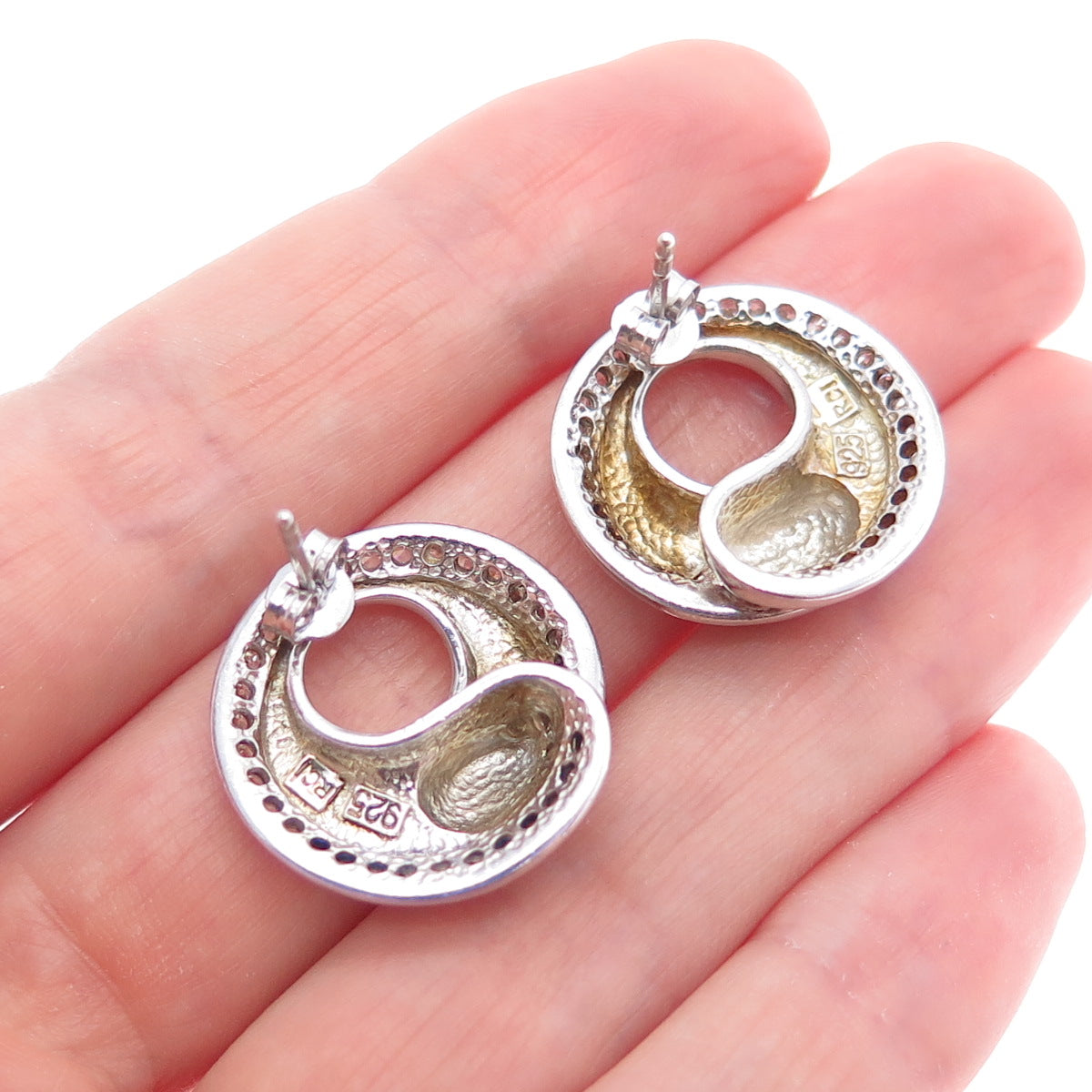 925 Sterling Silver Round-Cut C Z Modernist Crescent Earrings