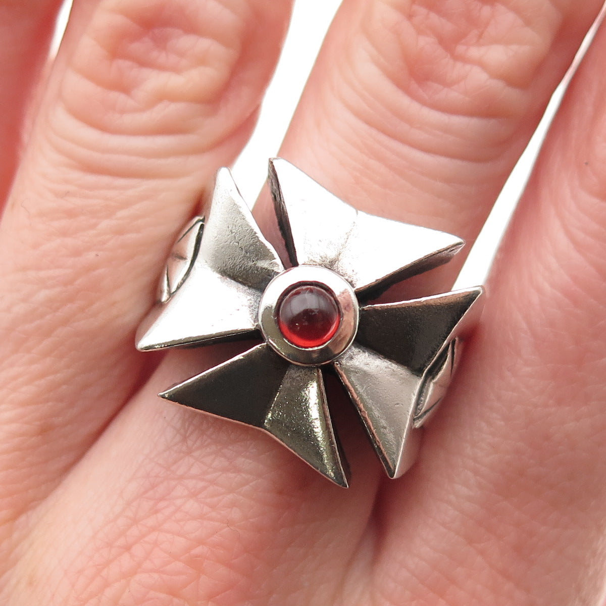 925 Sterling Silver Vintage Real Red Garnet Maltese Cross Oxidized Ring Size 10