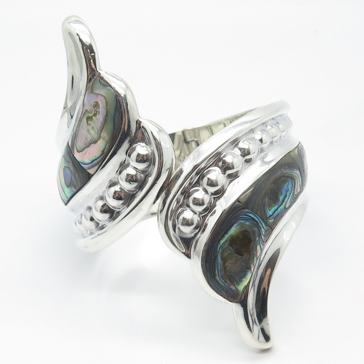925 Sterling Silver Vintage Mexico Real Abalone Shell Hammered Bracelet 7"