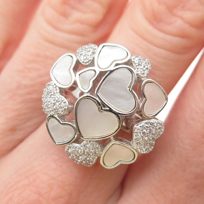 925 Sterling Silver Vintage Real MOP & C Z Heart Cluster Ring Size 6.25