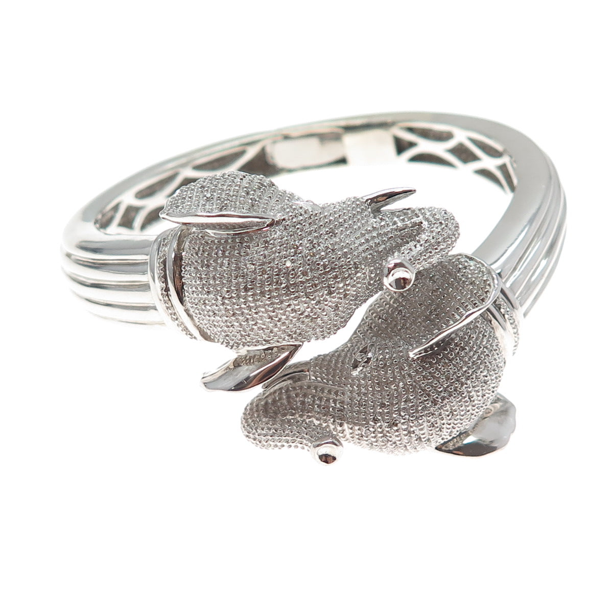 925 Sterling Silver Real Round-Cut Diamond Elephant Heavy 55.7g Bracelet 6.5"