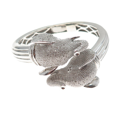 925 Sterling Silver Real Round-Cut Diamond Elephant Heavy 55.7g Bracelet 6.5"