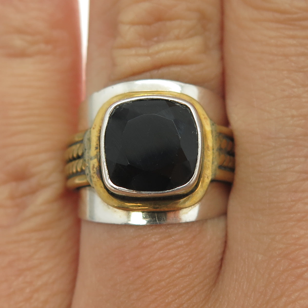 925 Sterling Silver 2-Tone Vintage Real Black Spinel Gemstone Ring Size 7.25