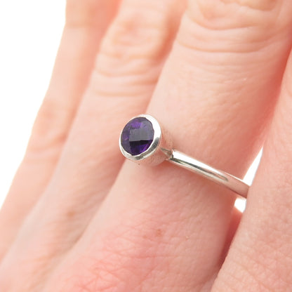 925 Sterling Silver Vintage Real Round-Cut Amethyst Modernist Ring Size 8