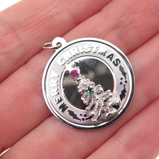 925 Sterling Silver Vintage Rhinestone Merry Christmas Tree Charm Pendant