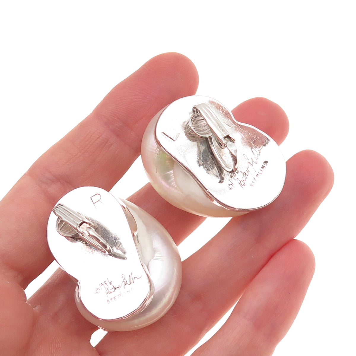 Betsy Fuller 925 Sterling Silver Vintage 1986 Real Seashell Clip On Earrings