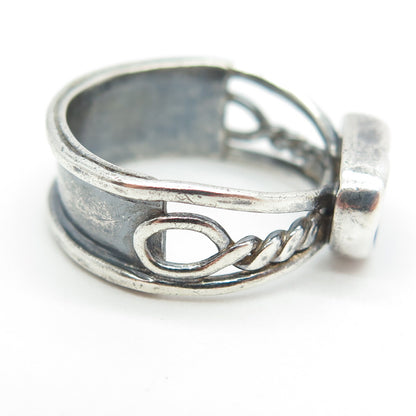 RADIANT SUN 925 Sterling Silver Vintage Blue Glass Modernist Ring Size 7.75