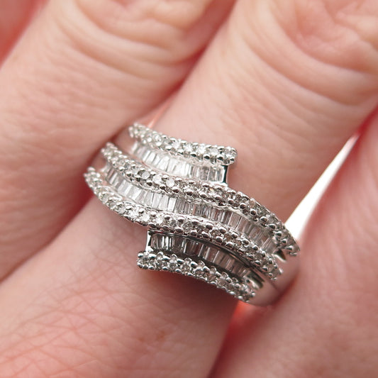 Sun 925 Sterling Silver Real Round & Emerald-Cut Diamond Bypass Ring Size 8