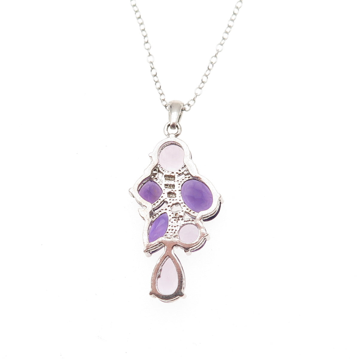925 Sterling Silver Real Amethyst & C Z Cluster Cable Chain Necklace 18"
