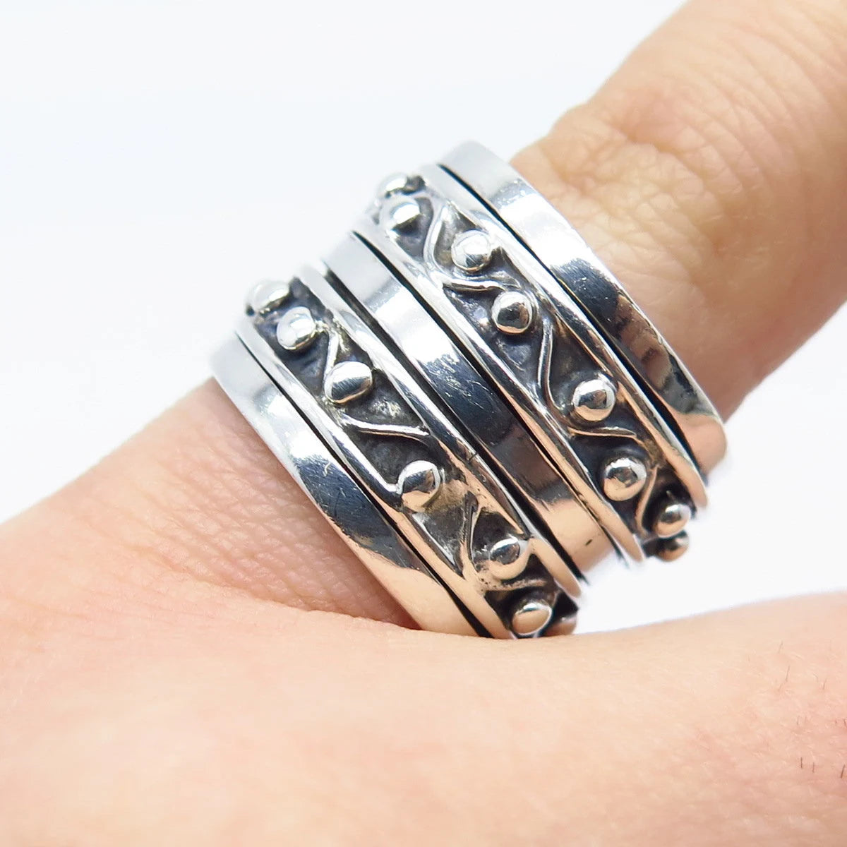 925 Sterling Silver Vintage Geo Art Beaded Wide Band Ring Size 5.5