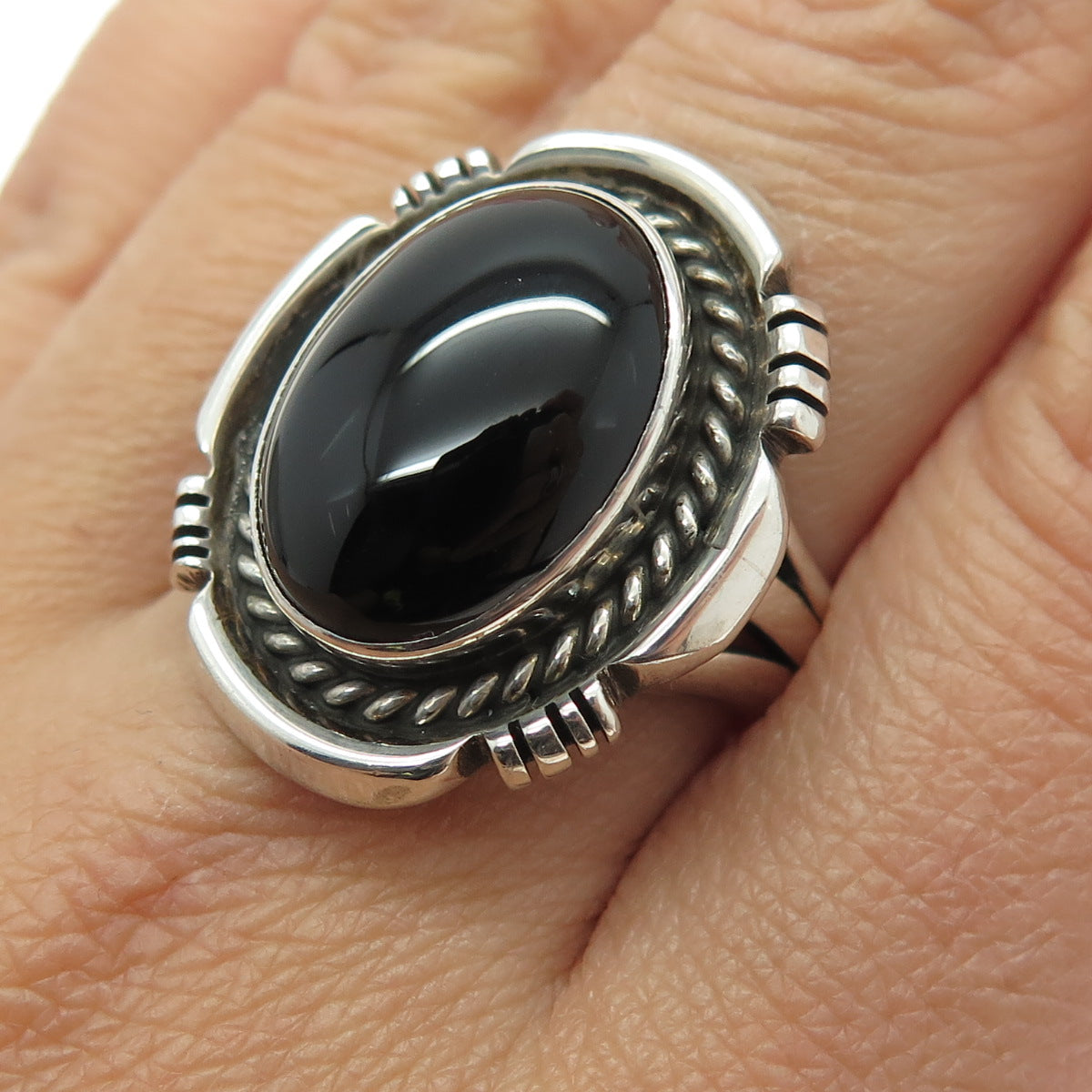 Old Pawn VPL Navajo 925 Sterling Silver Southwestern Black Onyx Ring Size 10.25