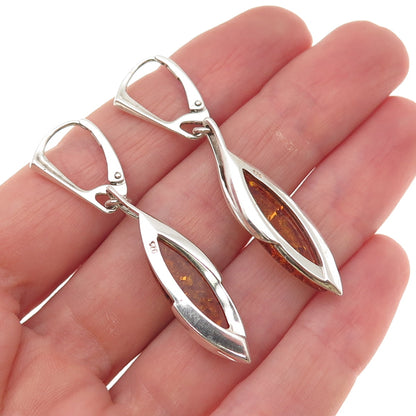 925 Sterling Silver Vintage Real Amber Modernist Dangle Earrings