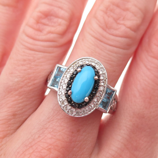 Chuck Clemency 925 Sterling Turquoise Blue White Topaz Black Spinel Ring Size 8