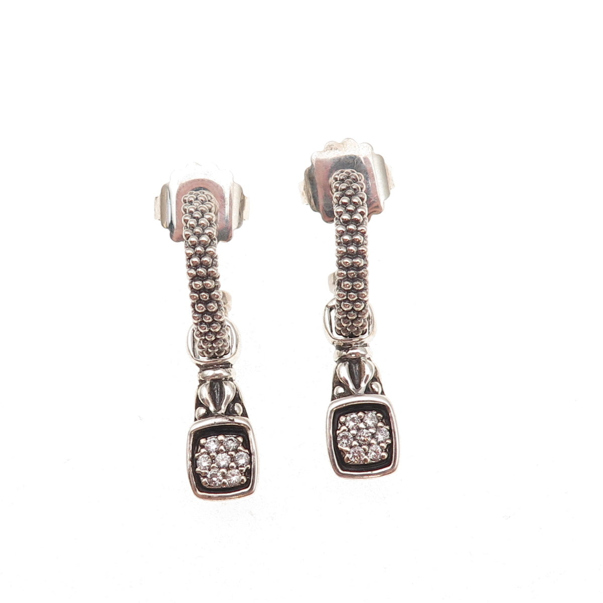 Lagos 925 Sterling Silver 14K Gold Posts Real Diamond Caviar Hoop Charm Earrings