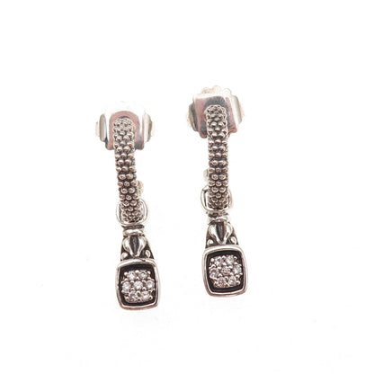 Lagos 925 Sterling Silver 14K Gold Posts Real Diamond Caviar Hoop Charm Earrings