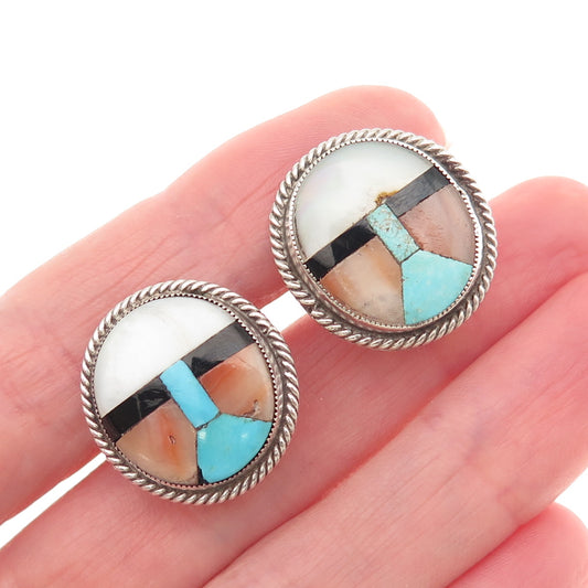 Old Pawn Sterling Silver Vintage Turquoise Coral Onyx & MOP Screw Back Earrings
