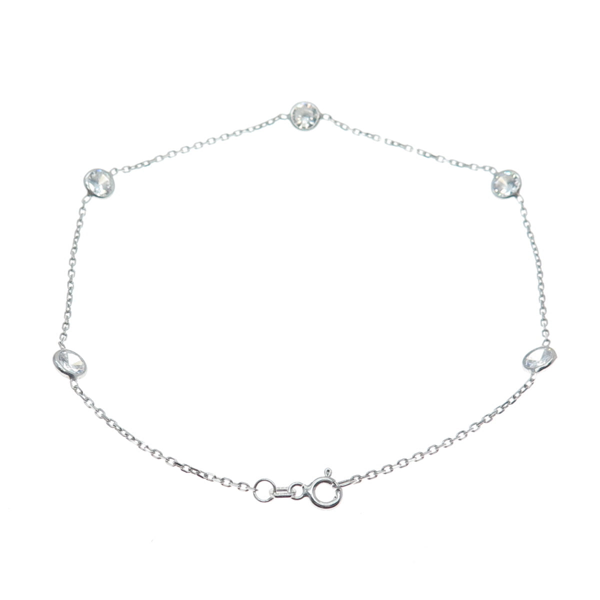 925 Sterling Silver Round-Cut Shaped C Z Station Cable Link Anklet/Bracelet 10"