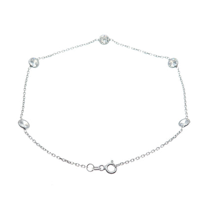 925 Sterling Silver Round-Cut Shaped C Z Station Cable Link Anklet/Bracelet 10"