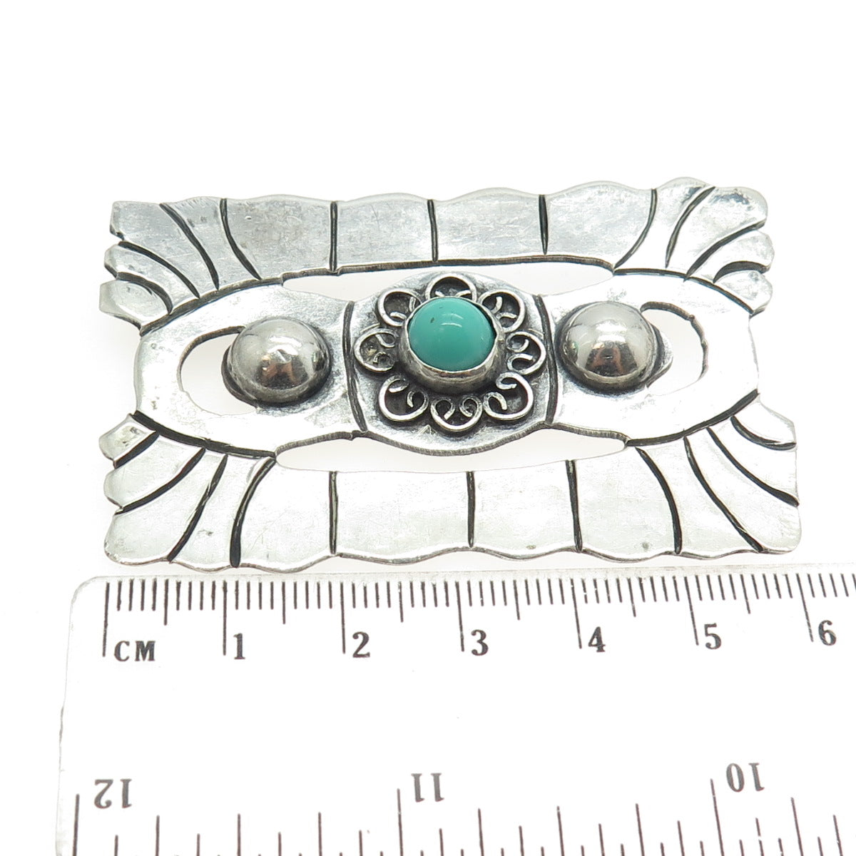 925 Sterling Silver Vintage Mexico Real Turquoise Aztec Tribal Pin Brooch