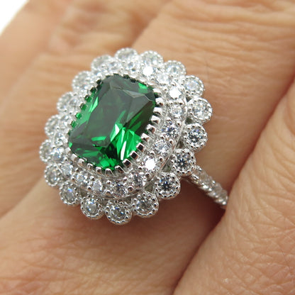 925 Sterling Silver Green Octagon-Cut & White Round-Cut Shaped C Z Ring Size 8