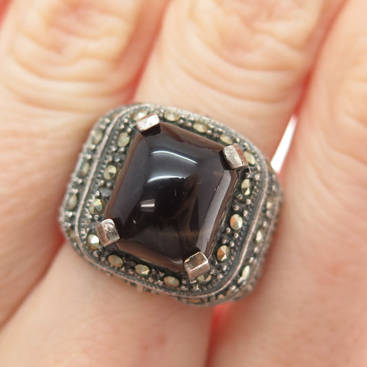 925 Sterling Silver Vintage Real Smoky Quartz Marcasite Oxidized Ring Size 7.75
