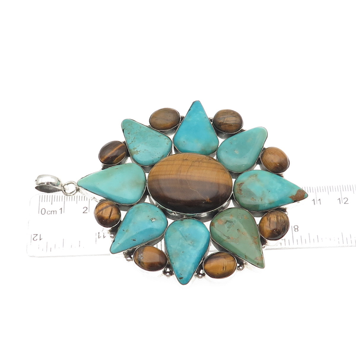 925 Sterling Silver Vintage Real Turquoise & Tiger Eye Statement 78.8g Pendant