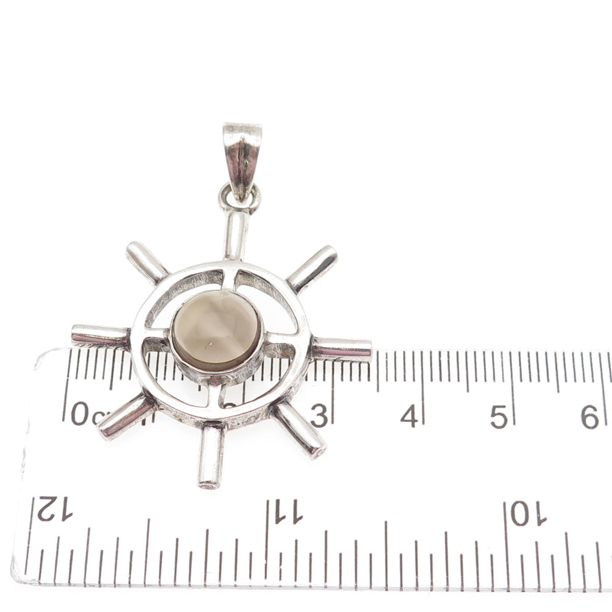 925 Sterling Silver Vintage Real Smoky Quartz Ship Wheel Charm Pendant