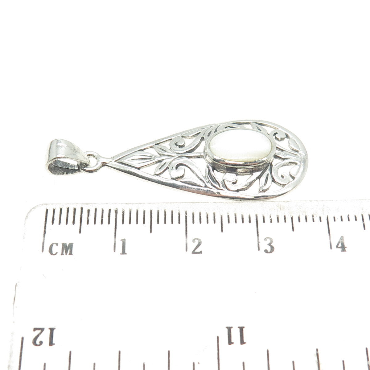 925 Sterling Silver Vintage Real Mother-of-Pearl Floral Scroll Teardrop Pendant