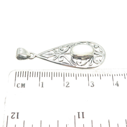 925 Sterling Silver Vintage Real Mother-of-Pearl Floral Scroll Teardrop Pendant