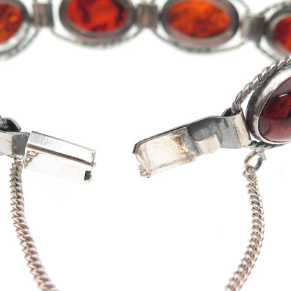925 Sterling Silver Vintage Real Cabochon Amber Oxidized Bracelet 6.75"