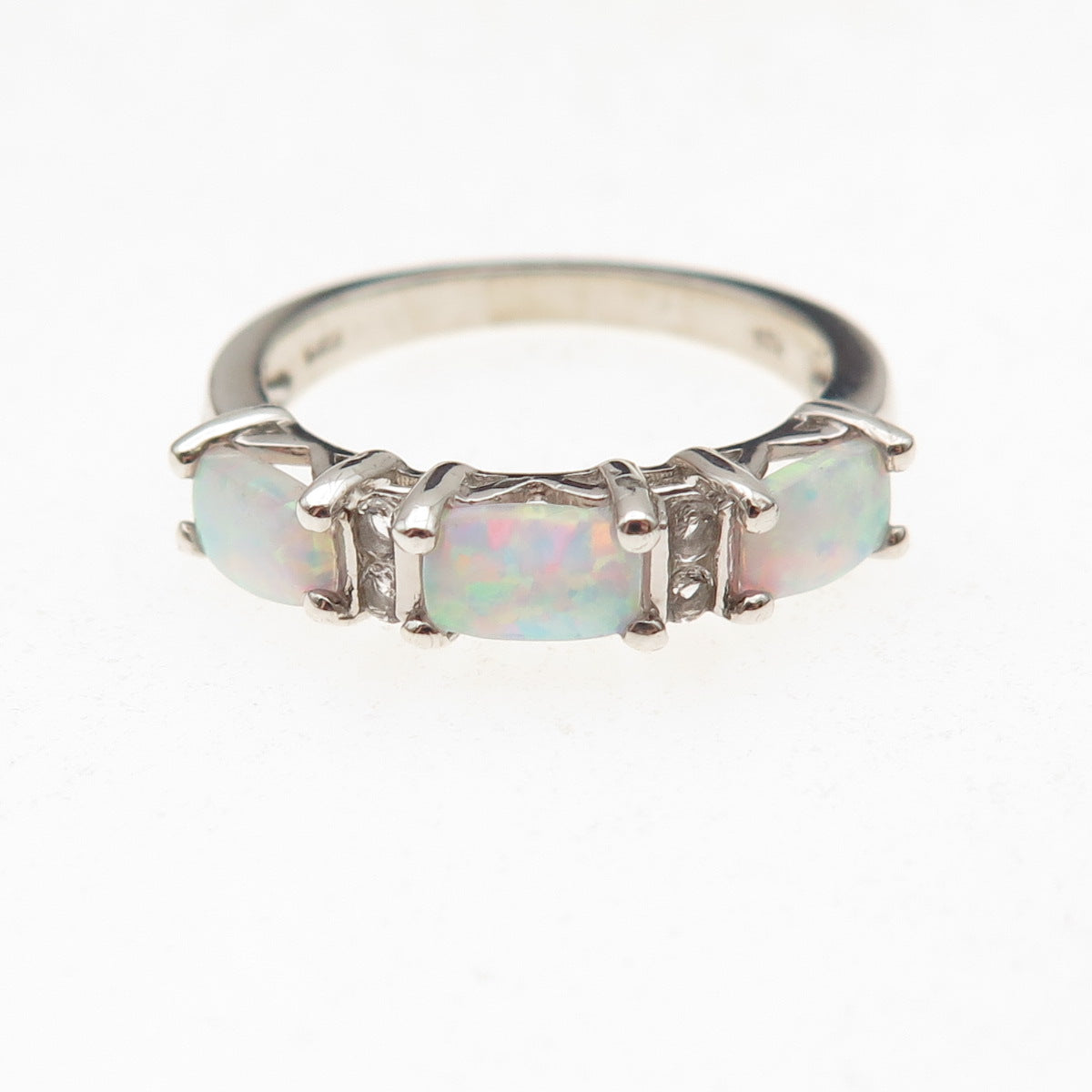 925 Sterling Silver Vintage Real Opal & White Topaz Ring Size 7.25